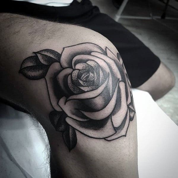 Traditional Knee Rose Flower Mens Black Ink Shaded Tattoo