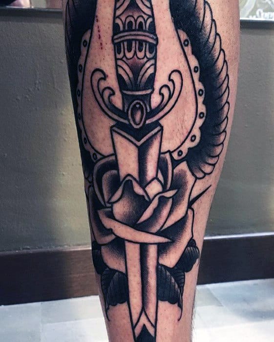 Traditional Leg Mens Dagger Rose Flower Tattoo