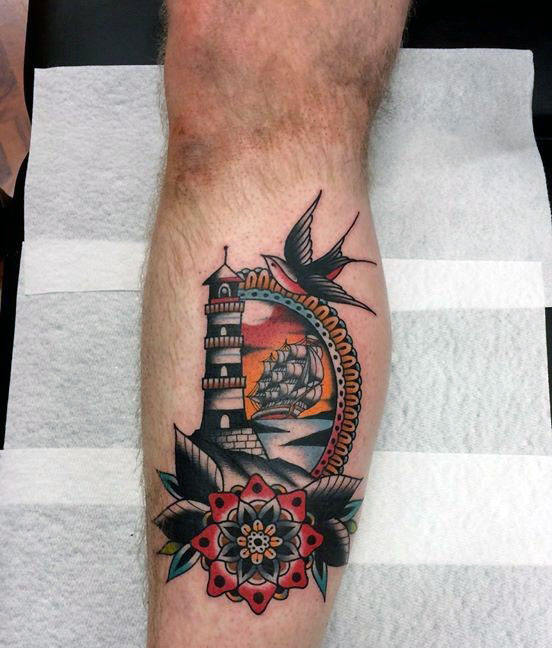 traditional-lighthouse-guys-leg-calf-tattoos
