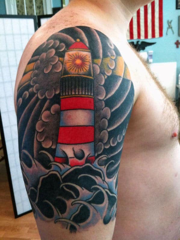 Traditional Lighthouse Mens Japanese Half Sleeve Tattoos