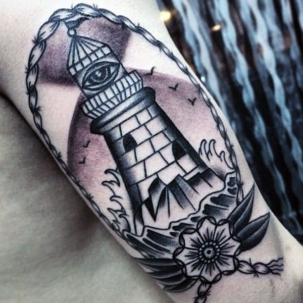 Traditional Lighthouse Tricep Tattoos For Guys