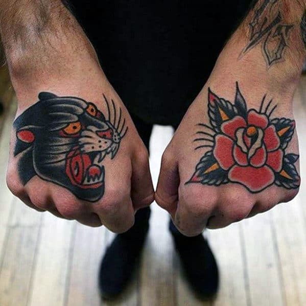 Traditional Male Red Flower Old School Hand Tattoos