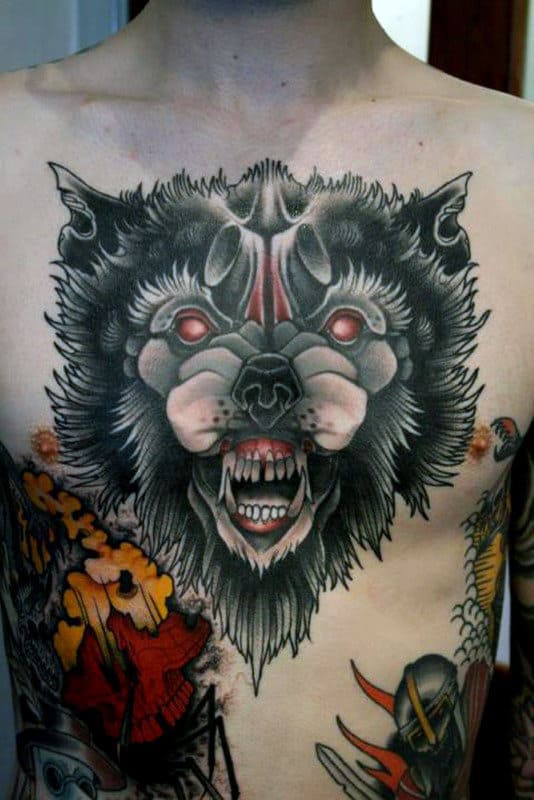 Traditional Mens Chest Tattoo Of Growling Wolf