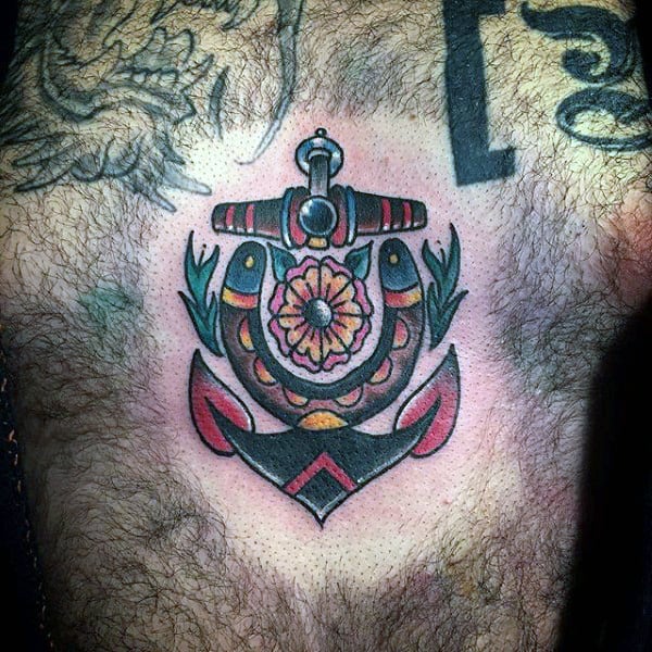 Traditional Mens Horseshoe Anchor Chest Tattoo Designs