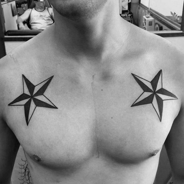 Traditional Mens Nautical Star Black Ink Chest Tattoos