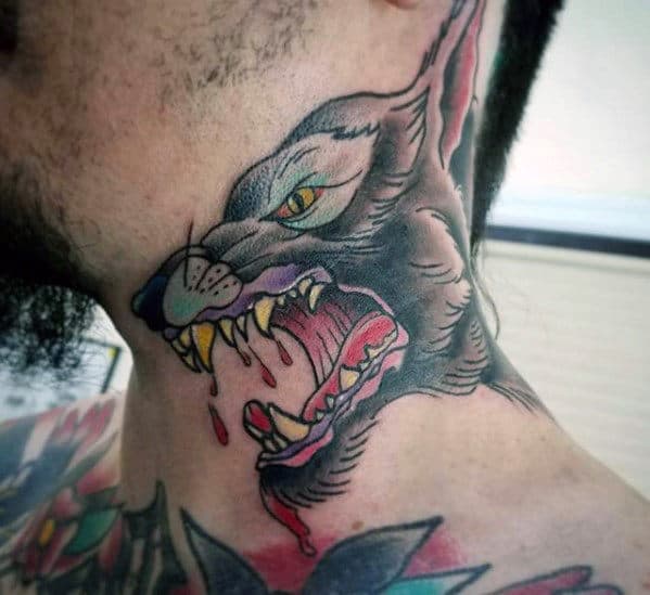 Traditional Mens Old School Angry Wolf Neck Tattoo