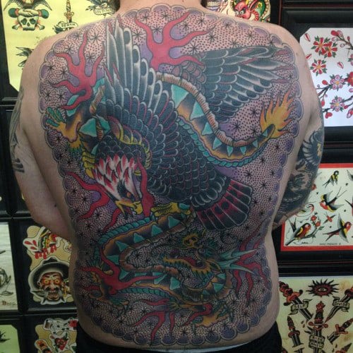 Traditional Mens Old School Back Tattoo With Cool Eagle Design