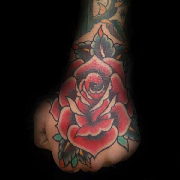 Traditional Mens Tattoo Of Red Rose Flower On Hands