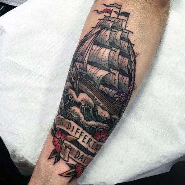 Traditional Nautical Guys Ship Tattoo Designs