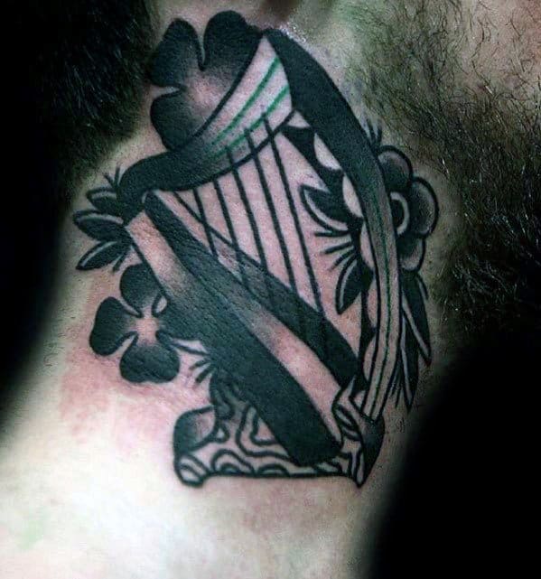 Traditional Neck Irish Themed Harp Mens Tattoo Ideas