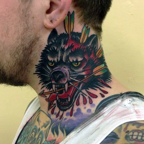 Traditional Neck Wolf With Arrows Tattoo For Men