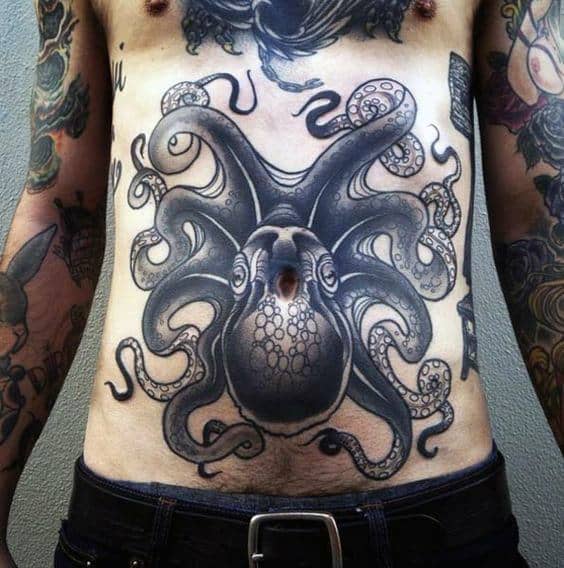 Traditional Octopus Mens Stomach Tattoos.