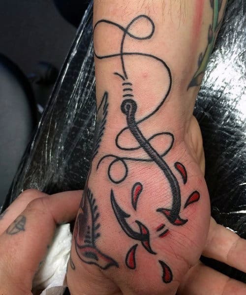Traditional Old School Guys Fish Hook Torn Skin Tattoo On Hands
