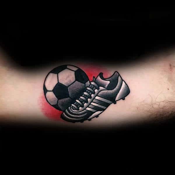 Traditional Old School Male Tattoo Of Soccer Shoe And Ball On Inner Arms