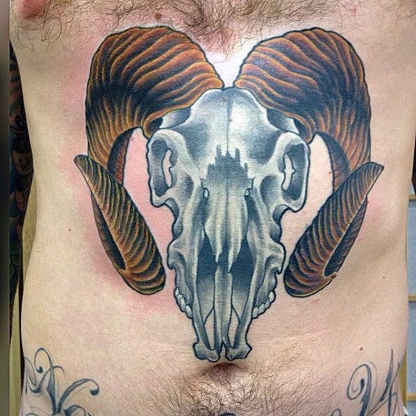 Traditional Old School Mens Goat Skull Stomach Lower Chest Tattoo