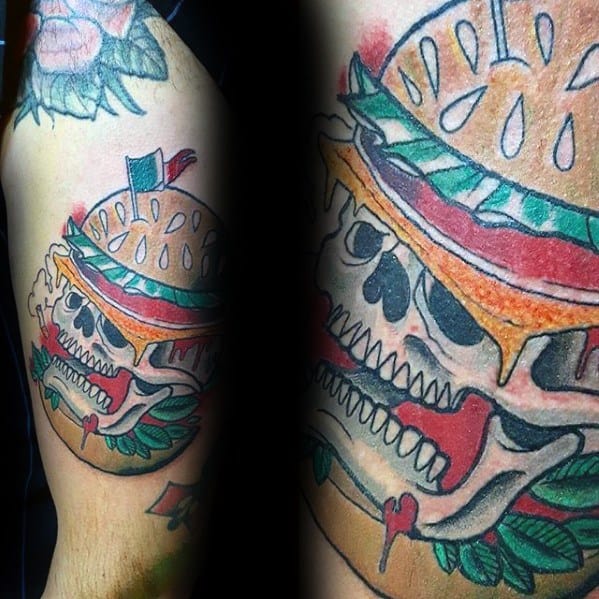 Traditional Old School Skull Cheeseburger Arm Tattoo Designs For Guys
