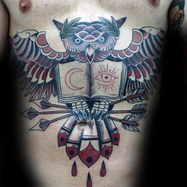 Traditional Owl Flying With Arrows And Book Mens Stomach Tattoos