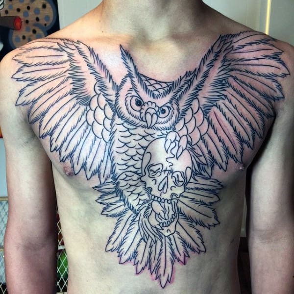 Traditional Owl With Skull Guys Black Ink Outlien Chest Tattoos