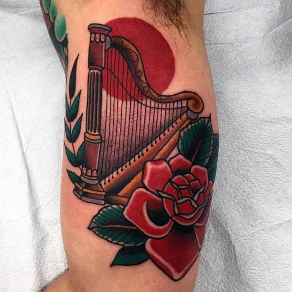 Traditional Red Rose Flower With Harp Mens Inner Arm Bicep Irish Tattoos