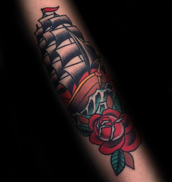 Traditional Red Rose Flower With Ship Sailing On Ocean Water Guys Forearm Tattoos