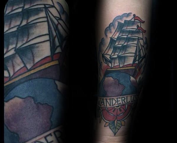 Traditional Sailing Ship With Wanderlust Banner Male Forearm Tattoo