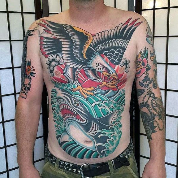 Traditional Shark And Bald Eagle Mens Full Chest Tattoos