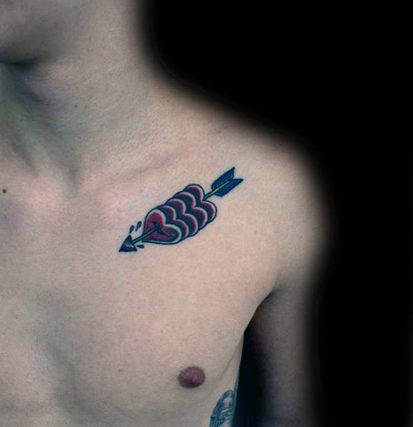 Traditional Small Arrow Through Hearts Tattoos Male Upper Chest