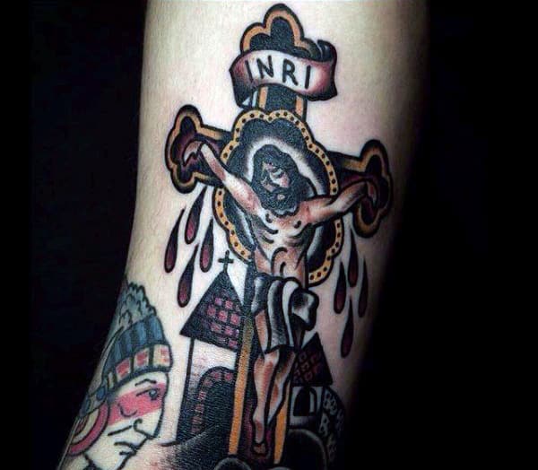 Traditional Small Mens Jesus On A Cross Tattoo