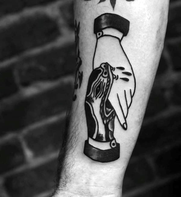 Traditional Snake Biting Hand Mens Inner Forearm Black Ink Tattoos