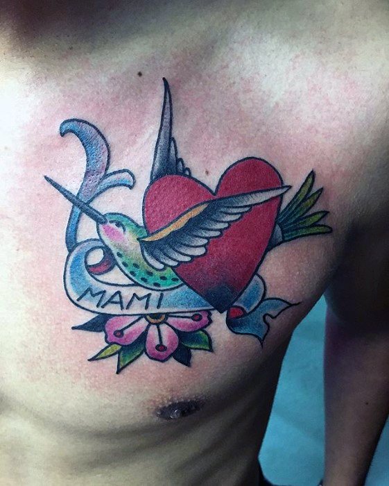 Traditional Sparrow Flying With Heart Mom Male Tattoo Designs On Upper Chest