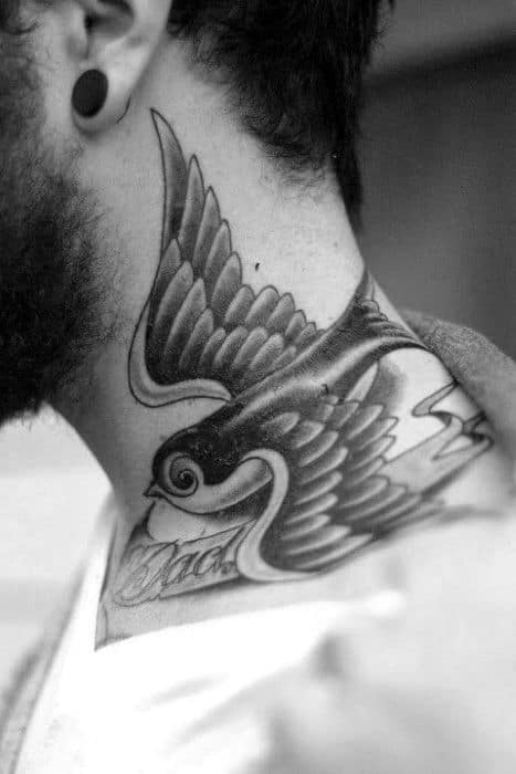 Traditional Sparrow Shaded Black And Grey Neck Tattoos For Men