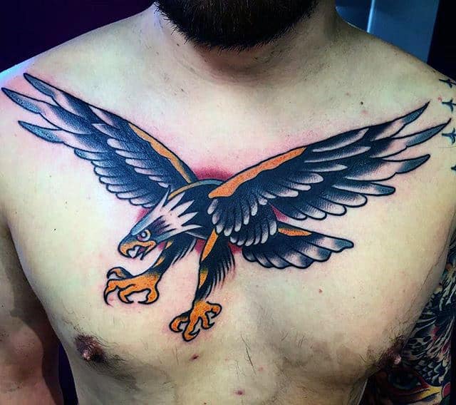 Traditional Tattoo Of Eagle On Mans Chest