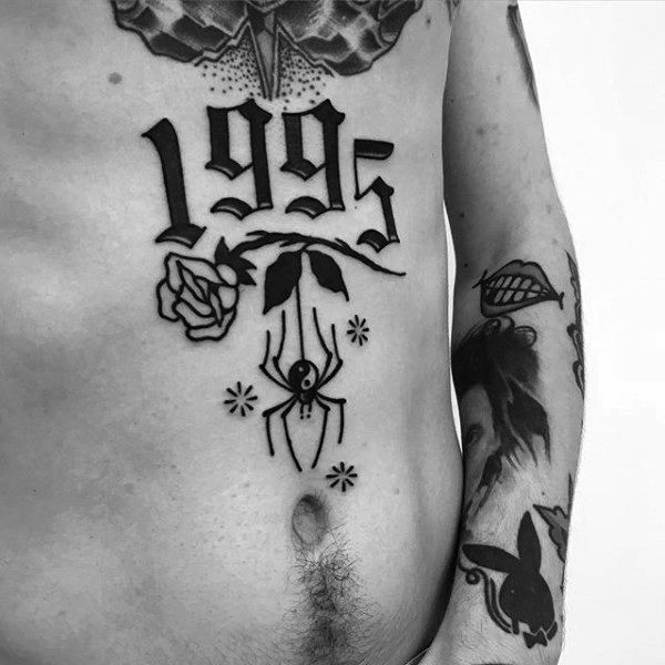 Traditional Tattoo With Old English 1995 Numbers Mens Stomach Tattoo
