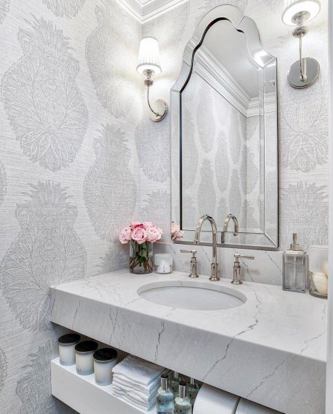 gray wallpaper marble vanity bathroom