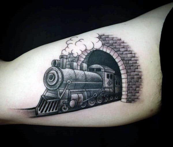 Train Tunnel Tattoo For Men On Bicep