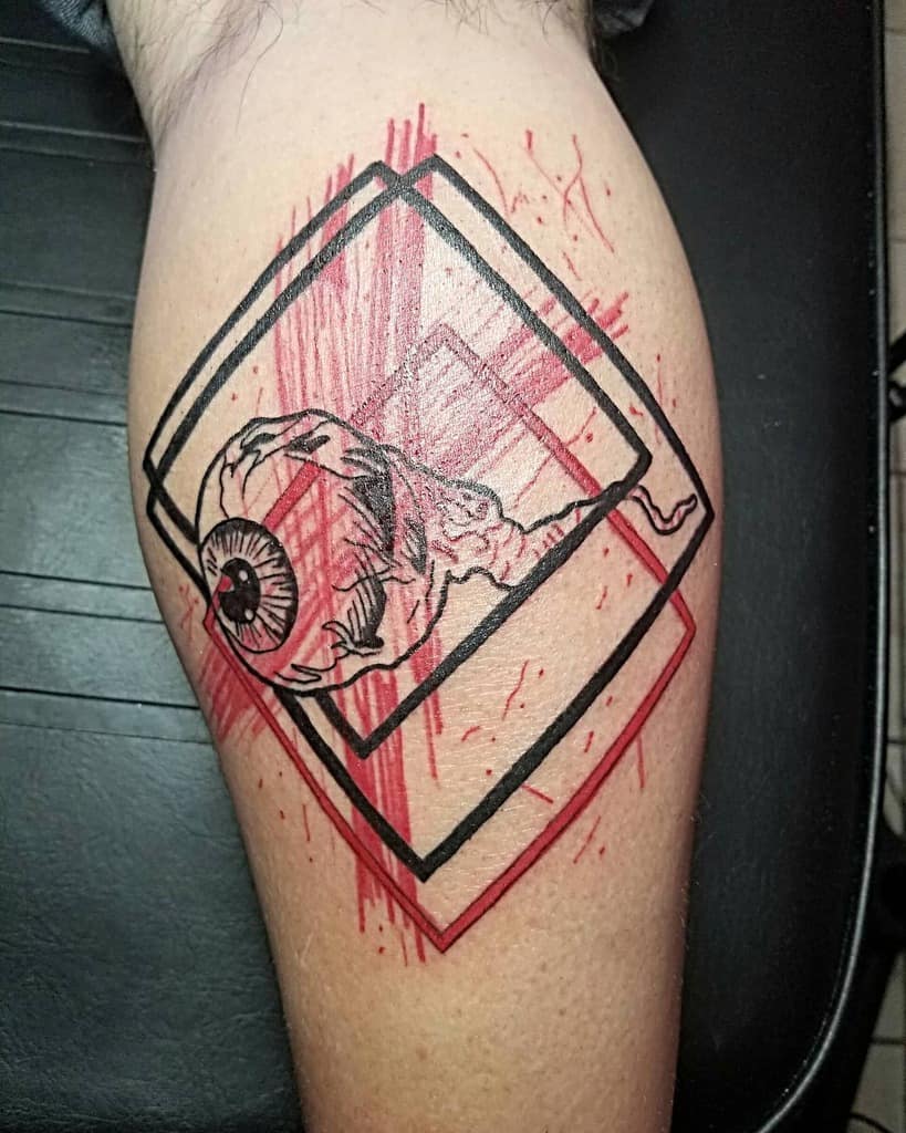 Trash polka black red cubes illustrative eyeball ink splay shapes geometric tattoo