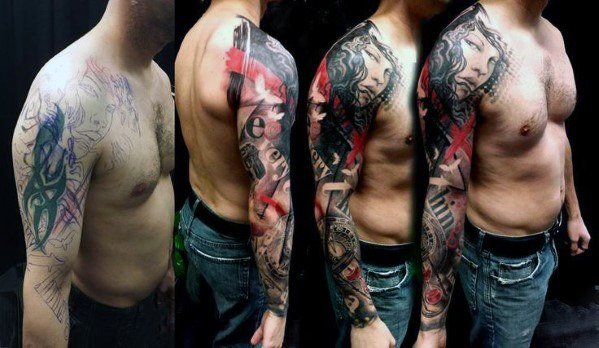 Trash Polka Design Full Arm Mens Tattoo Cover Up Sleeves