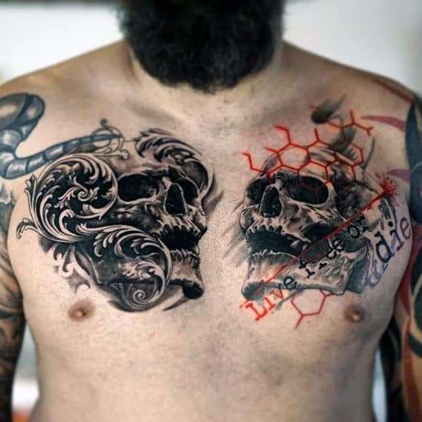 Trash Polka Skull Filigree Mens Chest Tattoos