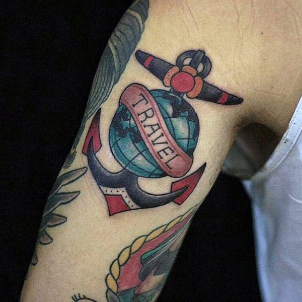 Travel Globe With Anchor Mens Old School Arm Tattoo