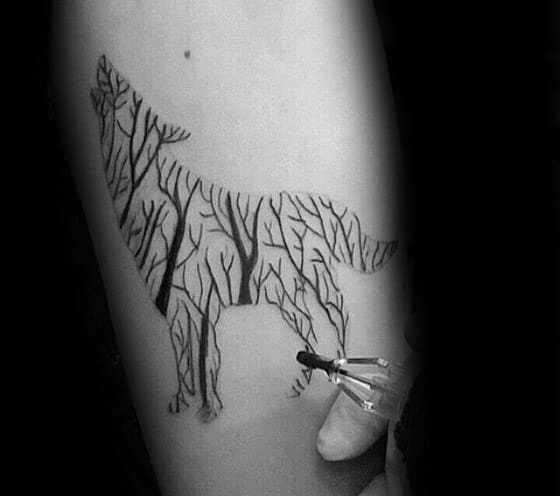 Tree Branches Leg Sick Wolf Tattoo Design Ideas For Males