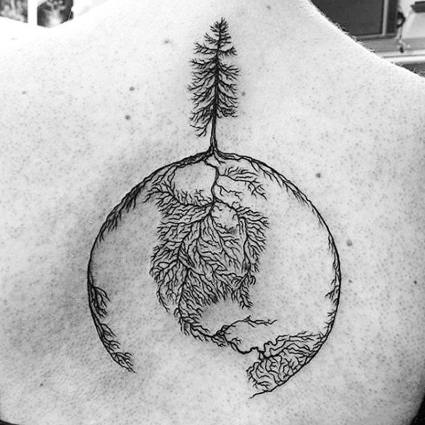 Tree Roots Globe Upper Back Tattoo Design Forguys