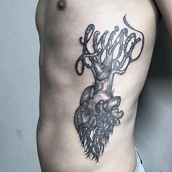 Tree Roots Heart Mens Rib Cage Side Tattoo