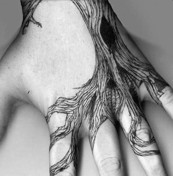 Tree Roots Mens Hand And Finger Tattoo