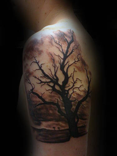 Tree Sky Silhouette Mens Quarter Sleeve Tattoo