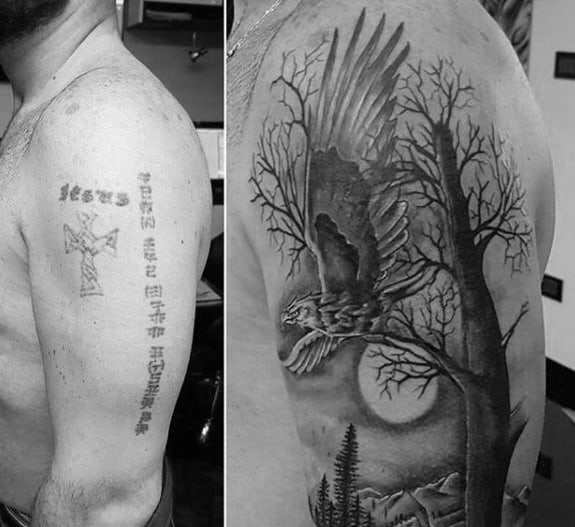 Tree With Moon And Eagle Mens Arm Tattoo Cover Up Ideas