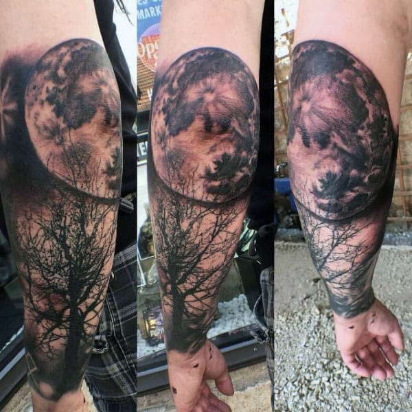 Tree With Moon Modern Forearm Mens Sleeve Tattoos