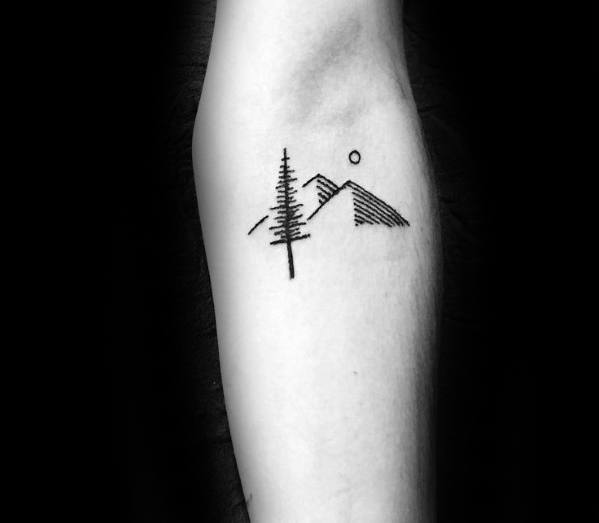 Tree With Mountains Small Sketched Mens Inner Forearm Tattoo