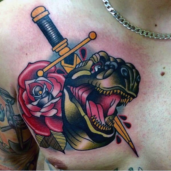 Trex With Dagger And Rose Modern Upper Chest Mens Tattoos
