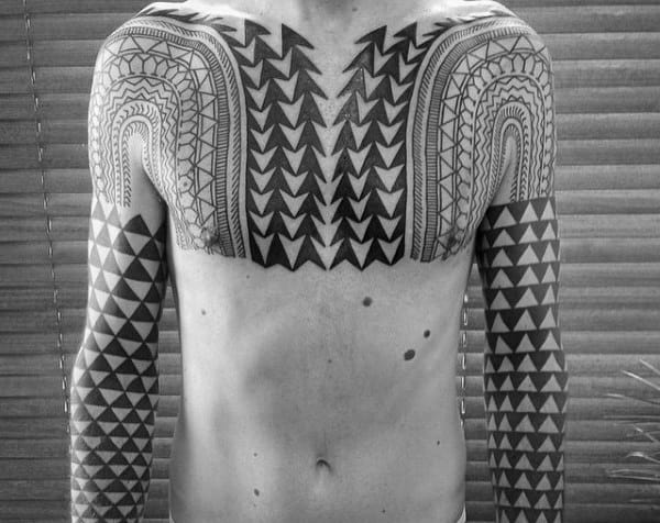 Triangle Arrow Mens Blackwork Chest And Sleeves Tattoos