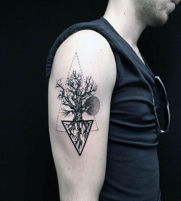Triangle Circle Male Upper Arm Tree Root Tattoo Design Ideas